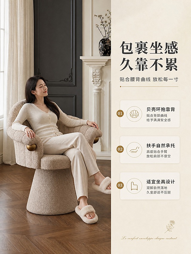 [商品] 使用【图1】米色贝壳造型单人休闲椅；保留贝壳靠背、扶手、黄铜球形装饰、锥形底座、米色圈圈纱面料的全部结构、比例、颜色和材质；不改变尺寸与材质。
[画面] 目标：真人坐感体验页，展示椅子的包裹感与舒适坐姿。右文左景版式，左侧为一位亚洲年轻女性自然坐在椅子上的全身中景，右侧为文案区；女性身着浅色系家居服，身体微微后靠，双手自然搭在扶手上，表情放松；场景为法式客厅角落，背景有落地窗纱帘与柔和自然光；椅子占画面约50%，人物与椅子比例真实自然。
[视觉] 套系策略：风格=法式中古风真实家居商业摄影；标题字=优雅衬线粗体；正文字=简洁无衬线体；主色=米杏色；背景延展=基于米杏色做深浅层级、同色渐变与细腻纸质感；强调色=复古黄铜金，仅用于小面积图标、引线和标签；标题色=深炭灰；正文色=中暖灰；组件=细线引线、圆角浅底信息卡、复古序号；光影=左前侧暖柔自然光，柔和自然阴影。
[文字] 右侧主标题「包裹坐感 久靠不累」，副标题「贴合腰背曲线 放松每一寸」，3个体验卖点「贝壳环抱靠背」「扶手自然承托」「适宜坐高设计」；文字全部横向排版，不遮挡人物与椅子主体。
[规格] 图片比例3:4竖版，2K分辨率，medium质量；避免人物变形、椅子尺寸失真、材质改变、冷蓝背景、文字竖排、极限词。