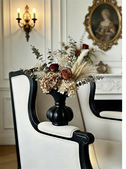 将图中黑色花瓶中放入干花预览效果