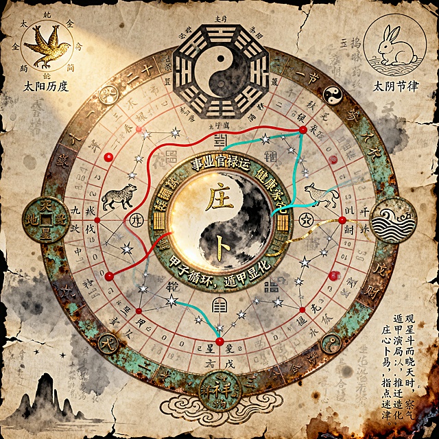 庄卜》奇门遁甲运势分析图设计详解  一、整体画面构思  1. 画面布局结构  采用圆形天盘构图，外方内圆，象征"天圆地方"的古典宇宙观。整体为三层结构：  · 最外层：八卦方位与二十四节气环 · 中间层：奇门遁甲核心盘局 · 中心层：庄卜标志与太极核心  2. 背景材质与质感  · 基底材质：仿古绢帛或老旧宣纸，带有自然的水渍痕迹、细微龟裂纹理、虫蛀边缘效果 · 色彩渗透：采用古画做旧色调——底色为米黄偏灰（#F5F1E6），叠加深褐（#3D2B1F）墨迹晕染 · 暗纹效果：隐约可见《河图洛书》的数字排列、云篆符文浮水印  二、画面核心内容区域详解  【中心区域：庄卜标志】  · 位置：正中央，直径占画面1/6 · 设计：   · "庄卜"二字采用秦简牍字体，笔画带有竹简刻写的凹凸质感   · 文字置于双环太极图中心，太极阴阳鱼采用水墨渐变渲染   · 外环篆刻"甲子循环，遁甲显化"八字小篆   · 整体做青铜器铭文效果，边缘有细微绿锈质感   · 下方衬以祥云托举的浅纹  【第二层：奇门九宫核心盘】  · 布局：以中心标志为原点，展开九宫格 · 九宫格设计：   · 每个宫格为菱形而非正方，象征流转不息   · 宫格线为朱砂色细线（#9C1A1C），模仿古代罗盘刻画   · 每个宫内包含：     · 左上角：该宫地支（如子、丑等，小篆体）     · 右上角：对应八卦符号（乾☰、坤☷等）     · 中央：九星符号（天蓬★、天芮✸等，用古星象符号）     · 下方：八门吉凶标识（生门用绿色○，死门用褐色✕）  【第三层：天盘运转层】  · 设计：围绕九宫外围的旋转圆环 · 内容：   · 内圈：天干十神（甲乙丙丁...）以篆书沿圆弧排列   · 中圈：八神轮转图（值符、螣蛇、太阴、六合、白虎、玄武、九地、九天），每个神配有简笔灵兽图案   · 外圈：节气刻度，二十四节气名称以楷体标注，春分、秋分点用红色标记  【第四层：八卦方位层】  · 位置：画面最外缘 · 设计：   · 八个正方位：乾（西北）、坤（西南）等，每个方位占45度扇形   · 每个方位区：     · 顶部：八卦卦象大号显示     · 中部：方位吉凶神煞小字（如"天德"、"月煞"等）     · 底部：地支三合局标识（如"申子辰"水局）  三、画面辅助元素  1. 四角装饰  · 左上角：日轮图案，内有三足金乌简影，旁书"太阳历度" · 右上角：月轮图案，内有玉兔捣药线描，旁书"太阴节律" · 左下角：山岳剪影，象征"地脉形势" · 右下角：水波纹理，象征"水法流向"  2. 运势流线图  · 从中心太极图延伸出三条彩色流线：   · 红色线（#B22222）：代表"事业官禄运"，蜿蜒经过开、休、生三门   · 青色线（#228B22）：代表"健康家宅运"，连接天芮、天心等星   · 金色线（#DAA520）：代表"财禄机遇运"，贯穿甲子戊、甲戌己等财位  3. 古语题跋  · 在画面右下方空白处，以竖排楷书题写：   "观星斗而晓天时，察气运以明人事。   遁甲演局，推迁造化；   庄心卜易，指点迷津。"  四、色彩系统详述  1. 主色调：    · 背景古绢色：#F5F1E6（70%覆盖）    · 墨迹渲染：#3D2B1F（20%覆盖）    · 朱砂点彩：#9C1A1C（5%点缀） 2. 五行对应色：    · 金：泥金色 #D4AF37（用于文字描边）    · 木：石青色 #2E8B57（用于木属性符号）    · 水：靛蓝色 #4169E1（用于水属性区域）    · 火：朱砂红 #9C1A1C（用于火属性标识）    · 土：赭石色 #8B4513（用于土属性区域） 3. 特殊效果色：    · 符箓亮色：在关键符号上施加 #FFF8DC 微光    · 古铜锈色：边缘装饰用 #4A3728 配合 #5E8C6A 绿锈斑点  五、质感与细节处理  1. 纸张/绢帛质感：    · 添加轻微褶皱纹理，光影呈现自然凹凸    · 边缘做毛边破损效果，似百年古卷    · 四角可有轻微褐色茶渍或烛泪痕迹 2. 文字效果：    · 所有文字做浮雕压印感，非平面印刷    · 重要标题文字有金粉脱落效果（部分金色区域露出底色）    · 小字有毛笔书写飞白质感 3. 符号绘制：    · 八卦符号采用青铜器铭文刻痕风格    · 星宿符号用银星点连成古星图样式    · 流线线条模仿毛笔中锋运笔，起收笔自然  六、画面意境营造  1. 光影处理：    · 光源设定为左上方45度    · 整体低对比度，避免现代感高光    · 中心太极区域有柔和内发光，似古玉莹润 2. 虚实结合：    · 前景符号清晰实在    · 背景符文水印半透明淡化（透明度15-20%）    · 边缘逐渐模糊融入古绢底色 3. 岁月痕迹：    · 随机分布的霉点（细小褐色斑点）    · 纵向折痕阴影（模仿卷轴存放痕迹）    · 火痕边缘（右下角局部仿经火燎的焦褐色）  七、图片应用建议  1. 尺寸比例：建议1:1正方形（便于多种平台使用） 2. 分辨率：最小300DPI，确保印刷与放大清晰 3. 文件格式：提供PNG（透明背景）与JPG两种格式