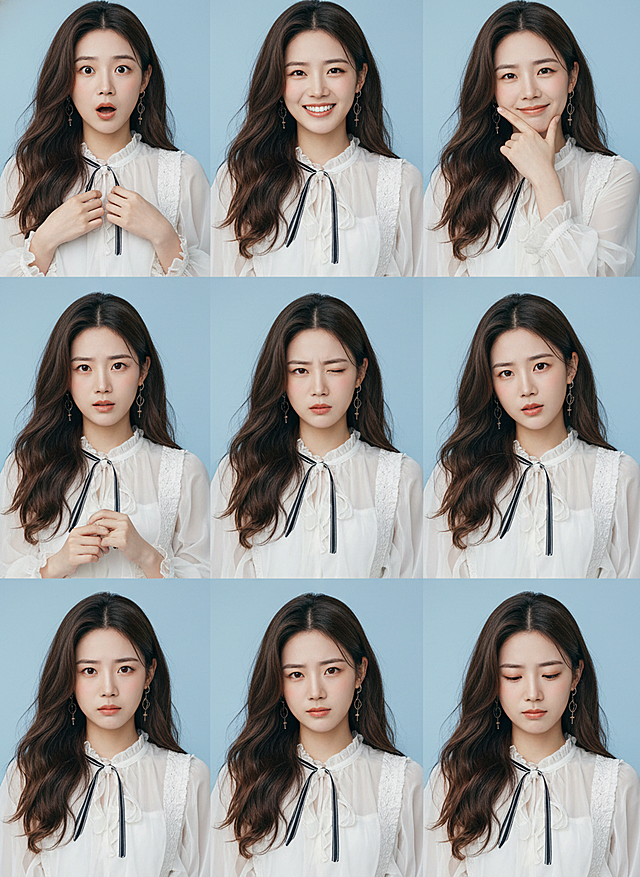 保持人物主体不变，创作一组写实风格表情包，包含表情不同、姿势不同的九宫格表情包