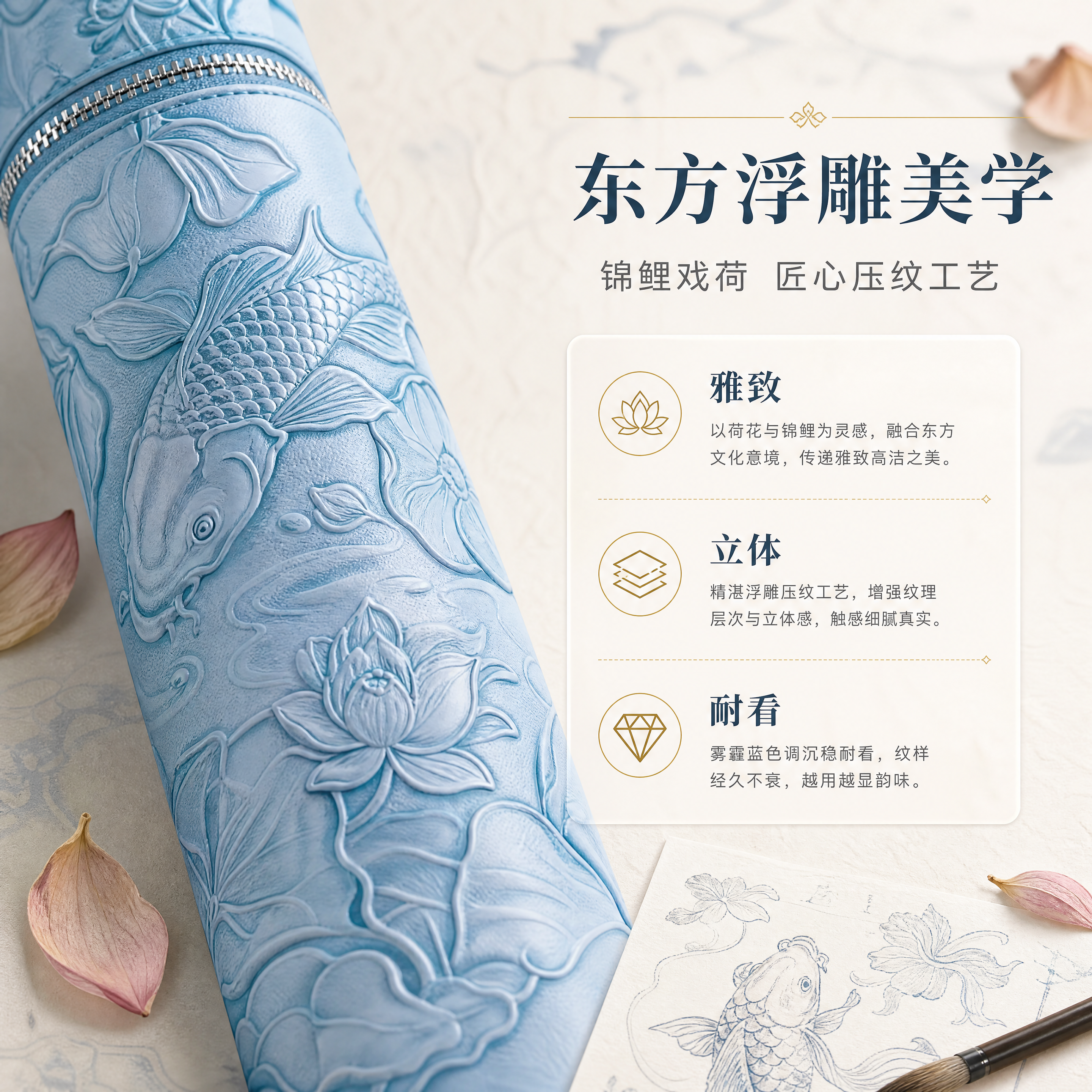 [商品] 使用【图1】雾霾蓝浮雕锦鲤荷花纹小提琴弓筒弓盒局部纹… - 图片创意预览