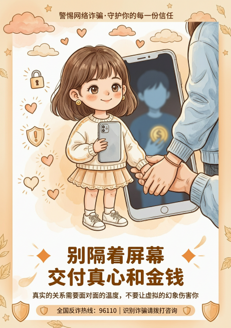 手绘插画风反诈海报，暖色调，一个女孩对着手机微笑，手机屏幕里的人却是模糊的黑影，旁边有朋友在拉她的手，文字 "别隔着屏幕 交付真心和金钱"，线条柔和，情感共鸣强预览效果