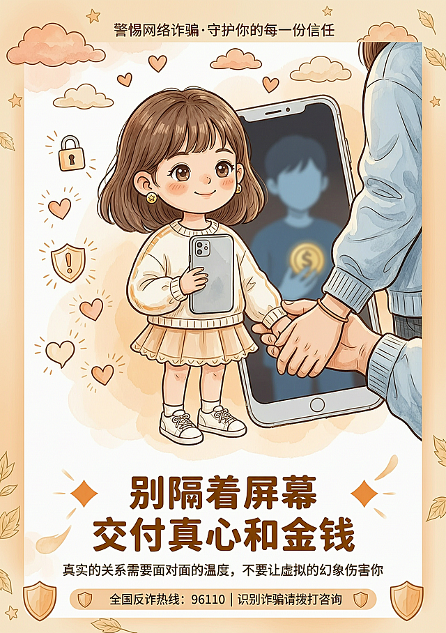 手绘插画风反诈海报，暖色调，一个女孩对着手机微笑，手机屏幕里的人却是模糊的黑影，旁边有朋友在拉她的手，文字 "别隔着屏幕 交付真心和金钱"，线条柔和，情感共鸣强
