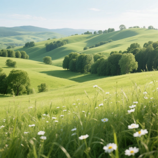 阳光明媚的夏日草原，连绵起伏的绿色丘陵上点缀着茂密的树木，前景是随风摇曳的青草和白色小野花，整体采用写实主义风格，色彩丰富细腻，光影层次分明，草地呈现出深浅不一的绿色渐变，花朵细节清晰，树木立体感强，画面充满生机与宁静氛围预览效果