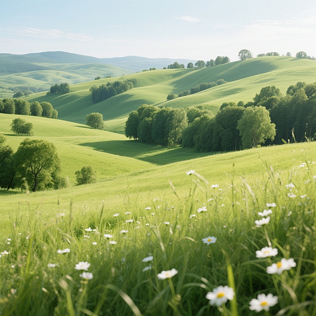 阳光明媚的夏日草原，连绵起伏的绿色丘陵上点缀着茂密的树木，前景是随风摇曳的青草和白色小野花，整体采用写实主义风格，色彩丰富细腻，光影层次分明，草地呈现出深浅不一的绿色渐变，花朵细节清晰，树木立体感强，画面充满生机与宁静氛围