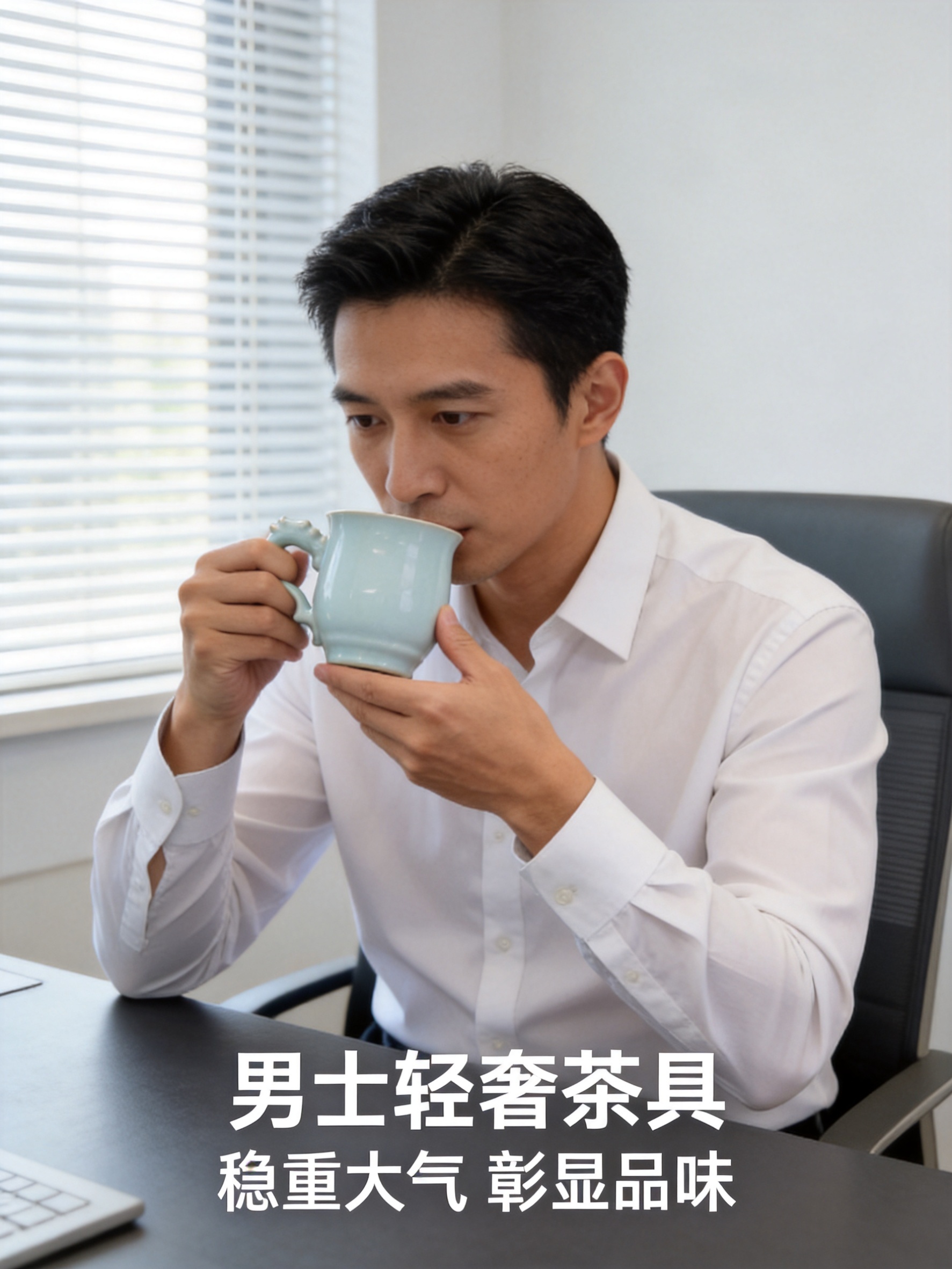 商务男士模特使用汝瓷天青釉龙头办公杯，竖版3:4比例。一位30… - 图片创意预览
