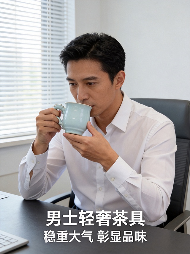 商务男士模特使用汝瓷天青釉龙头办公杯，竖版3:4比例。一位30岁左右的亚洲商务男士，身着简约白色商务衬衫，袖口整齐，坐在简约现代的办公环境中，双手捧着汝瓷天青釉龙头办公杯正在喝茶，姿态自然稳重。背景是简约的办公室，有百叶窗和柔和的自然光。杯子天青釉温润，龙把手清晰可见。整体氛围稳重大气，彰显男士品味。画面下方有文字：男士轻奢茶具 稳重大气 彰显品味，白色字体。超高清商业人像摄影质感，光线柔和自然。画面禁止出现多余的手、畸形手、手部扭曲、人物面部扭曲。保持产品外观与参考图一致。
