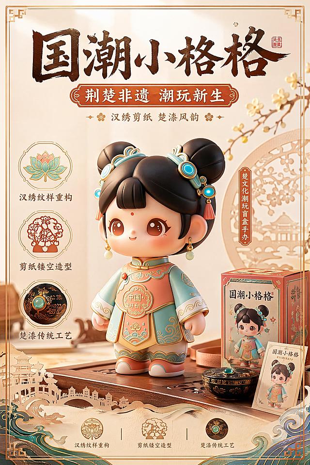 A3竖式展示海报，整体突出东方美学与潮玩属性，风格为3D渲染写实商业摄影。海报主题为"国潮小格格"，副标题"荆楚非遗 潮玩新生"，装饰文案"汉绣剪纸 楚漆风韵"，卖点依次为"汉绣纹样重构"、"剪纸镂空造型"、"楚漆传统工艺"，文字排版工整清晰。主体商品为楚文化潮玩盲盒手办"国潮小格格"，100%还原上传商品图的产品外形、包装、配色与结构，展示四分之三侧角度，商品主体占据画面主导位置。设计融合荆楚文化元素：衣身纹样采用武汉汉绣经典打籽绣、锁针绣针法，袄裙款莲花纹参考汉绣馆藏重构，转化为立体服饰结构；整体设计融入湖北剪纸利落通透的轮廓特征；发饰与描金借鉴楚式漆器"黑底描金、青蓝嵌玉"工艺；裙摆袖口云纹提取曾侯乙楚凤蟠螭图腾，下摆设计长江水波纹呼应武汉江城特质。背景采用温和雅致的中式浅色调，留白适当，层次分明，顶部自然光，侧前方柔光，整体明亮柔和，凸显潮玩与东方美学结合的精致质感，版式精美，四边保留安全边距，比例为1:√2（A3竖式），文件大小不超过10MB。