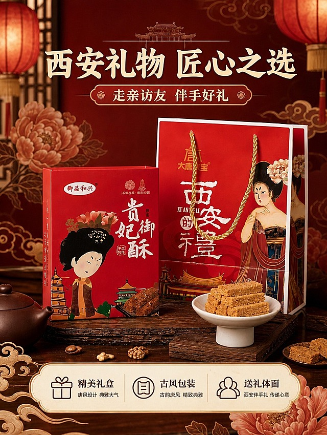 [商品] 使用【图1】贵妃御酥红色礼盒+红色手提礼袋+白瓷盘装酥饼组合；保留所有包装红色主色、贵妃卡通人物、"御品和兴"Logo、"西安的礼"字样、所有包装文字和图案、白瓷盘酥饼、紫砂壶、木质桌面；只修改底部卖点文字和图标，不修改产品外观、不重绘产品、不调色。
[画面] 目标：礼赠场景页，其他不变，仅将底部中间卖点"独立包装"改为"古风包装"；上方2/3保持原产品+唐风场景不变，底部1/3为3个横向卖点卡片；背景红色唐风场景（灯笼、牡丹、祥云、古建筑）保持不变；≥3层视觉层次。
[视觉] 套系策略：风格=唐风国潮食品详情页，暖调食欲感，产品实拍+国潮插画排版融合；标题字=商用免费书法宋体（思源宋体粗体）；正文字=商用免费无衬线体（思源黑体）；主色=中国红+暖金；背景延展=浅米黄底+唐风祥云/窗格/牡丹线稿做同色系深浅延展；强调色=暖金色，仅用于小面积图标、引线、标签描边；标题色=深棕红；正文色=深褐色；组件=圆角米白底信息卡、金色细线引线、印章式标签；光影=左前侧暖柔光，产品保留原光影不调色。
[文字] 顶部主标题「西安礼物 匠心之选」，副标题「走亲访友 伴手好礼」；底部3个横向卖点：左 精美礼盒（唐风设计 典雅大气）、中 古风包装（古韵唐风 精致典雅）、右 送礼体面（西安伴手礼 传递心意）；所有文字横排，不遮挡产品主体。
[规格] 图片比例3:4竖版，4K分辨率；负向：禁止修改产品外观、禁止重绘产品、禁止调色、禁止改变上方产品和场景布局、禁止竖排主标题、禁止极限词、禁止二维码/平台Logo、禁止文字过小、禁止产品变形、禁止包装文字错乱。