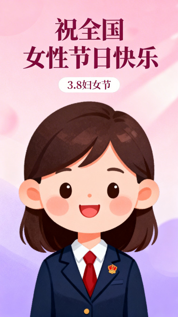 3.8妇女节主题海报，画面中有身着检察制服的可爱女检察卡通形象，面带微笑，背景是粉色、淡紫色的浪漫节日氛围，配有文字“祝全国女性节日快乐”，温馨治愈风格预览效果