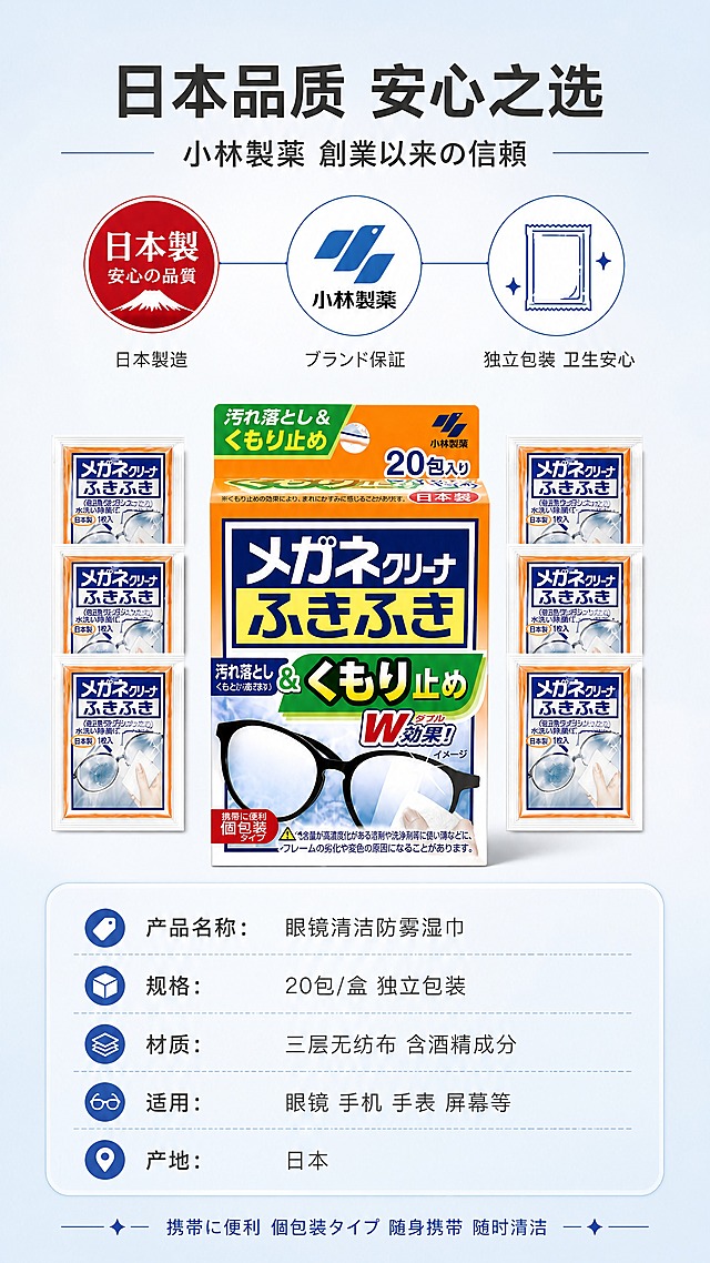 [商品] 使用用户上传的小林制药眼镜清洁湿巾产品图；保留包装盒外观、Logo、日文标签、20包入标注，产品比例、颜色、结构、材质完全一致，不拉伸不重绘。

[画面] 第6张 规格与品质保障 9:16竖版。目标：呈现产品规格参数与品牌品质背书，促进下单决策。构图：上下结构。上部约40%：品质背书区，横向排列三个品质徽章/图标，从左到右：日本製红色圆形标、小林制药品牌Logo、独立包装卫生图标，三个徽章下方用细线连接，传递品质链路。中部约35%：产品包装盒正面居中展示，左右两侧各放3片独立包装小袋整齐排列，体现20包入的量感。下部约25%：规格参数信息卡，浅蓝底圆角卡片，清晰列出产品信息。阅读动线：从上到下，从品质到产品到规格。

[视觉] 套系策略：风格=日系高级洁净生活美学 克制专业；标题字=日系黑体 粗细适中 带日式排版感；正文字=简洁无衬线体 纤细清晰；主色=暖橙+清透蓝（取自产品包装）；背景延展=浅蓝到米白渐变 干净专业；强调色=红色（日本製标识），仅用于小面积品质徽章；标题色=深炭灰；正文色=中暖灰；组件=品质徽章、圆角参数卡、细线分割、图标列表；光影=均匀柔和顶光 产品立体有阴影 专业可信。

[文字] 顶部主标题：「日本品质 安心之选」，副标题：「小林製薬 創業以来の信頼」。规格卡内信息横排：「产品名称：眼镜清洁防雾湿巾」「规格：20包/盒 独立包装」「材质：三层无纺布 含酒精成分」「适用：眼镜 手机 手表 屏幕等」「产地：日本」。底部小字：「携帯に便利 個包装タイプ 随身携带 随时清洁」。文字均横排，参数清晰，移动端可读。

[规格] 9:16竖版，4K，负向：产品变形、错字、文字过小、水印、平台Logo、绝对化用语、虚假认证、悬浮、边缘硬切、颜色偏差。
