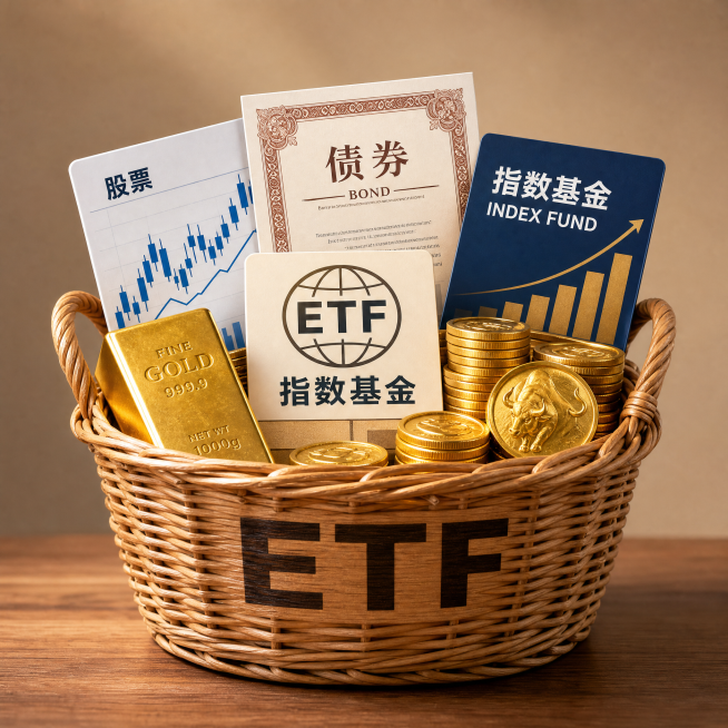 生成一个菜篮子，菜篮子外表面印有清晰的大写文字"ETF"，菜篮子里面盛放着股票、债券、指数基金和黄金等金融产品元素，写实风格，金融理财主题，画面清晰构图完整预览效果