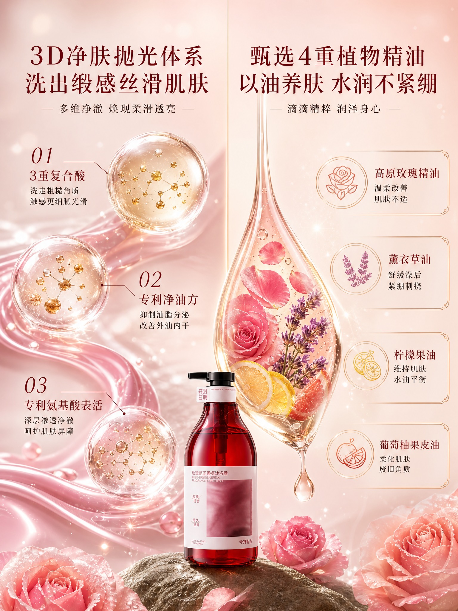 [主图-3] 3D净肤抛光体系与4重植物精油功效展示图，突出洗… - 图片创意预览