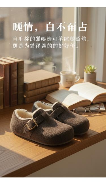 视觉： 全屏氛围视频或动态图。镜头缓缓掠过铺满书籍的书桌，最终定格在窗边一双被冬日阳光照亮的毛呢勃肯鞋上，羊羔绒内里隐约可见。

文案大字： 暖意，自下而上

文案小字： 当毛呢的儒雅遇见羊羔绒的温柔预览效果