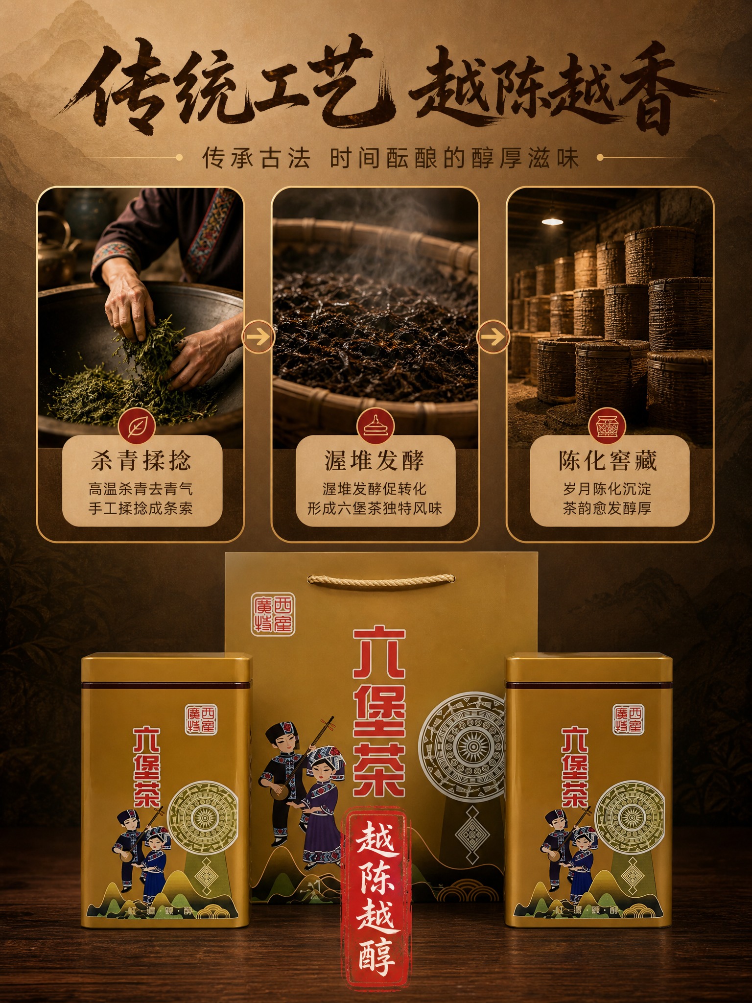 [商品] 使用【图1】广西六堡茶金色铁罐装和【图2】手提袋；保… - 图片创意预览