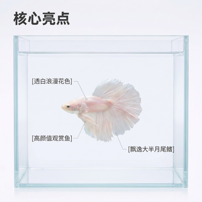 [主图 2] 核心卖点解析主图
[氛围/风格] 真实干净，专业清晰，突出产品核心优势
[画面元素] 保留原图透白泰国斗鱼整体形态，以斗鱼为中心，使用极细引线连接标注核心部位，展示透白浪漫花色和大半月飘预览效果