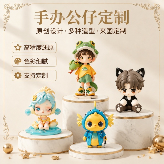 「图片1」「图片1」「图片1」「图片1」「图片1」「图片1」「图片1」参考这些图中的版式以及所有公仔形象，生成新版式设计搭配新公仔形象的主图，不限版式，任意搭配预览效果