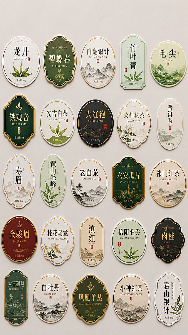 9:16尺寸，生成25个茶叶类不干胶贴纸模板排版，整体3行多列网格展示，每个格子放一款茶叶贴纸模板，设计简约大气，颜色搭配协调，专业商业设计风格，展示不同款式茶叶标签贴纸，包含圆形、异形不同样式，高清清晰，写实实拍质感。