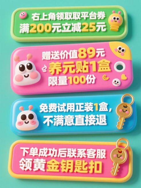 一组4个不同配色不同样式的促销标签，每张为规整排布的单一促销标签，标签文案分别为“右上角领取平台券满200元立减25元”“赠送价值89元养元贴1盒，限量100份”“免费试用正装1盒，不满意直接退”“下预览效果