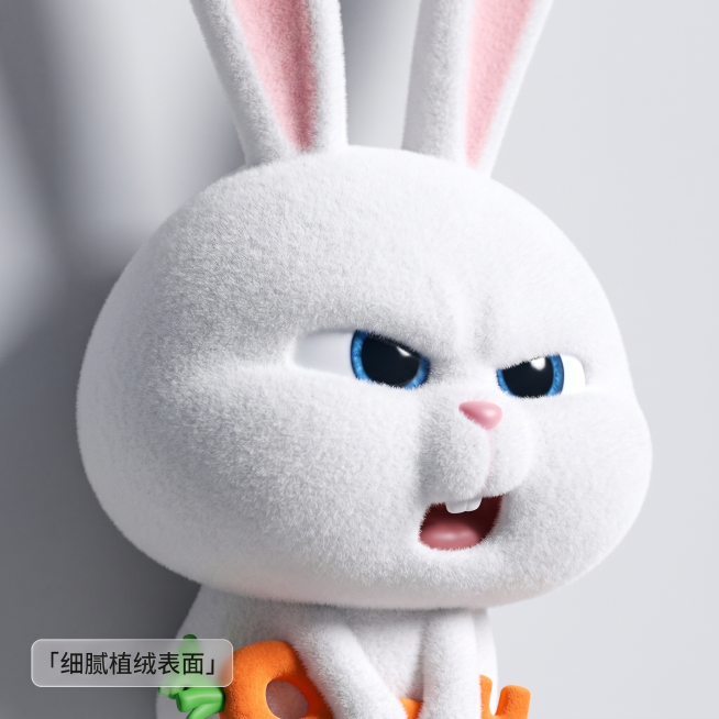 [主图 3] 兔老大植绒冰箱贴产品细节特写图。[氛围风格] 高清质感，突出材质细节。[画质] 商业摄影质感，光线柔和通透，产品清晰真实，画面干净高级。[元素] 特写展示兔老大冰箱贴的面部表情和植绒表面预览效果