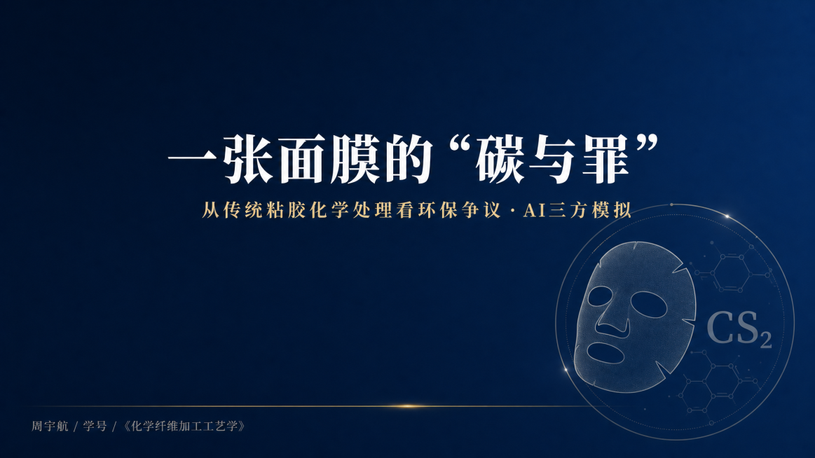 16:9比例，学术汇报风PPT封面，背景是深蓝渐变从#0A1C3A到#102A4E。构图居中对称，底部有横线。大标题"一张面膜的“碳与罪”"白色56pt加粗，副标题"从传统粘胶化学处理看环保争议 ·预览效果