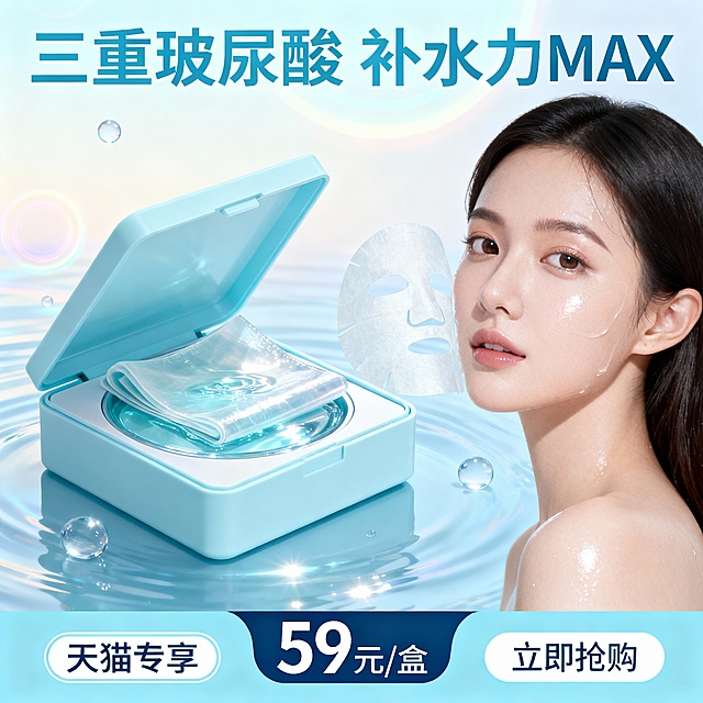 设计一张天猫美妆护肤类的玻尿酸面膜营销海报，主视觉突出“三重玻尿酸 补水力MAX”，配色以淡蓝色为主（贴合补水主题），画面包含面膜产品图、年轻女性脸部特写元素，添加“天猫专享 59元/盒”的促销信息，尺寸为800×800px（适配天猫商品主图）。