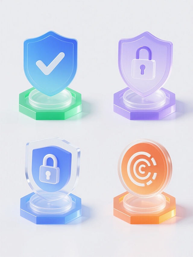 四个完全不同的科技安全相关图标组成的系列素材集合，每个图标均采用3D立体半透明渐变玻璃材质设计，保持圆形悬浮轨迹、六边形底座和半透明支撑结构的统一元素类目，整体呈现简约现代的科技感，图标分别为蓝色背景的盾牌与对勾、绿色背景的锁与钥匙、紫色背景的盾牌与锁、橙色背景的圆形扫描图案，四个图标规整排布在白色纯色背景上，每个图标都有内部发光效果和底部阴影，保持相同的光影处理和立体感表现