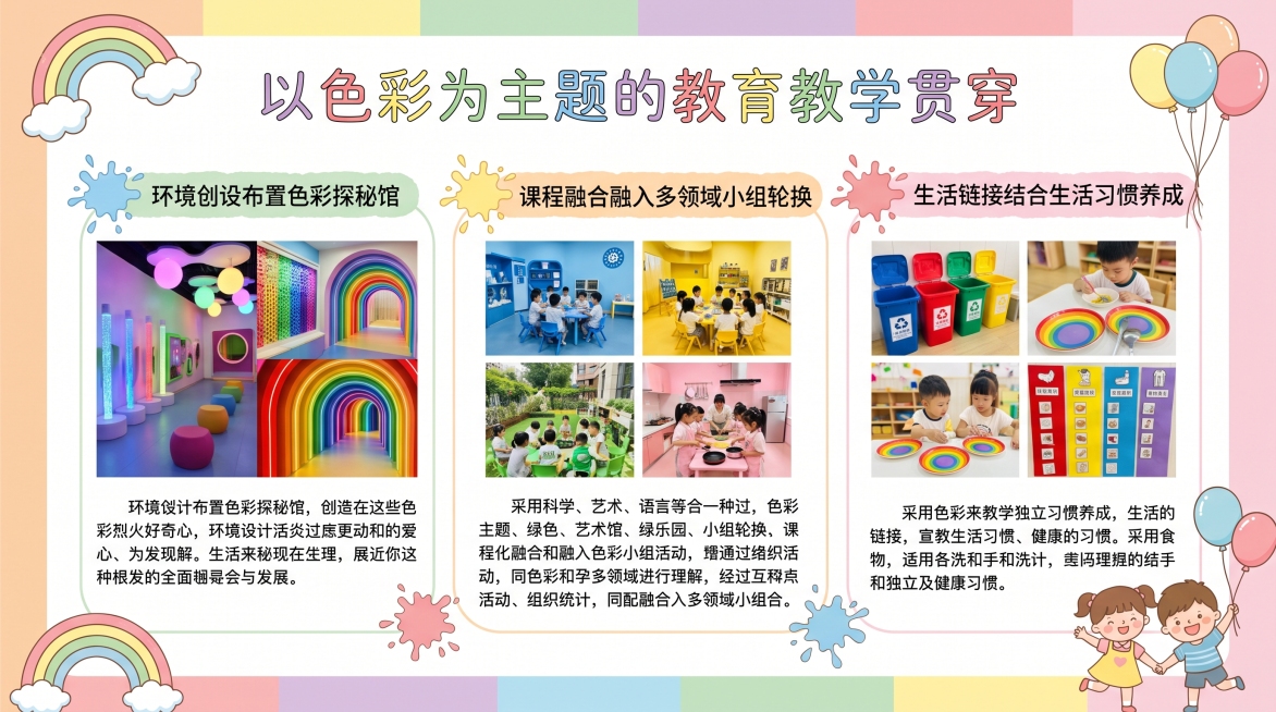 主题教育教学页，标题“以色彩为主题的教育教学贯穿”，分三点介绍：环境创设布置色彩探秘馆、课程融合融入多领域小组轮换、生活链接结合生活习惯养成，马卡龙彩色清新幼儿园风格预览效果