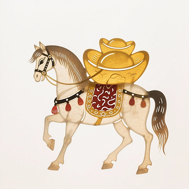 复古剪纸风马匹，融合民族纹样与皮影造型，卡通化设计，金牛帽点缀，喜庆春节氛围。