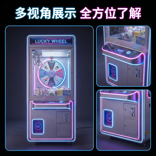 [主图 4] 幸运转轮投币礼品电玩机多角度展示拼图。[氛围风格] 专业展示，直观全面。[画质] 商业摄影质感，各角度清晰真实，画面干净高级。[元素] 拼图布局，包含三个不同角度：整机正面、操作区特写、预览效果
