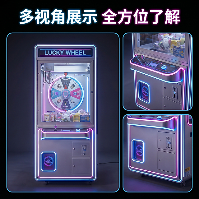 [主图 4] 幸运转轮投币礼品电玩机多角度展示拼图。[氛围风格] 专业展示，直观全面。[画质] 商业摄影质感，各角度清晰真实，画面干净高级。[元素] 拼图布局，包含三个不同角度：整机正面、操作区特写、礼品出口特写，三个画面大小错落排布，背景统一深色，保持每个角度产品外观颜色一致，杜绝变形色差。每个画面细节清晰，主体突出。画面整体满铺无边框。[光影] 各图光影统一，光线均匀通透，突出各部分细节。[配色] 延续产品原有霓虹配色，深色背景统一协调。[文字版式] 顶部主标题「多视角展示 全方位了解」居中亮色粗体。[比例分辨率] 1:1 比例，2k 分辨率，文字清晰，超高清。[负向提示词] 变形，水印，文字错乱，背景杂乱，光影不统一。
