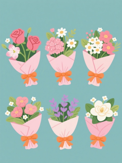 6个不同花卉造型的卡通花束系列素材集合，规整排布在纯色背景上，整体采用手绘风格，线条圆润流畅，色彩明快柔和，每个花束都有粉色褶皱包装纸和橙色蝴蝶结，分别包含玫瑰花、牵牛花、小雏菊、绣球花、薰衣草和栀子花，花朵形态各异，搭配绿色叶片和白色小花点缀，画面简洁清新，适合作为装饰素材使用。预览效果