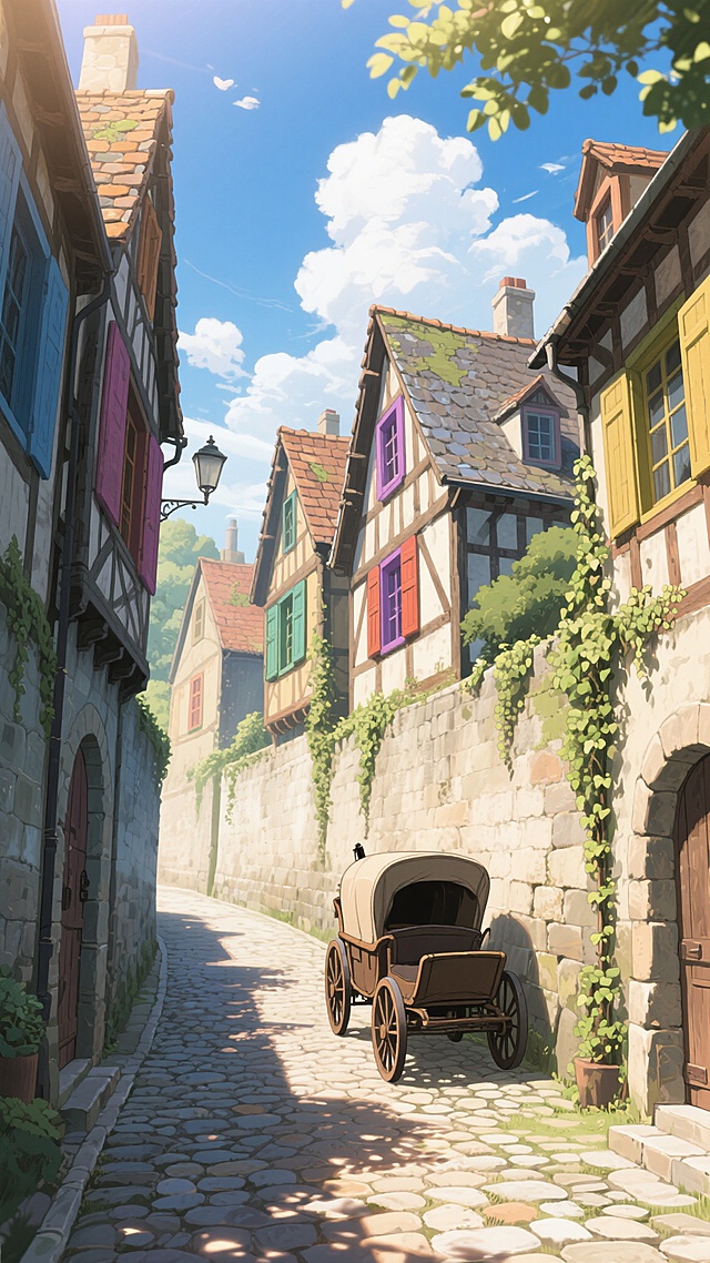 一条被古老石墙环绕的欧洲中世纪鹅卵石小巷，两旁是带有彩色木窗和倾斜屋顶的半木结构房屋，巷口停着一辆老式马车，墙角攀爬着常春藤，头顶是狭窄天空中飘着几朵白云，阳光透过树叶在地面投下斑驳光影，温暖明亮的光线，高饱和度的色彩，细腻的笔触和清晰的线条，二次元动漫风格插画，无文字无水印。