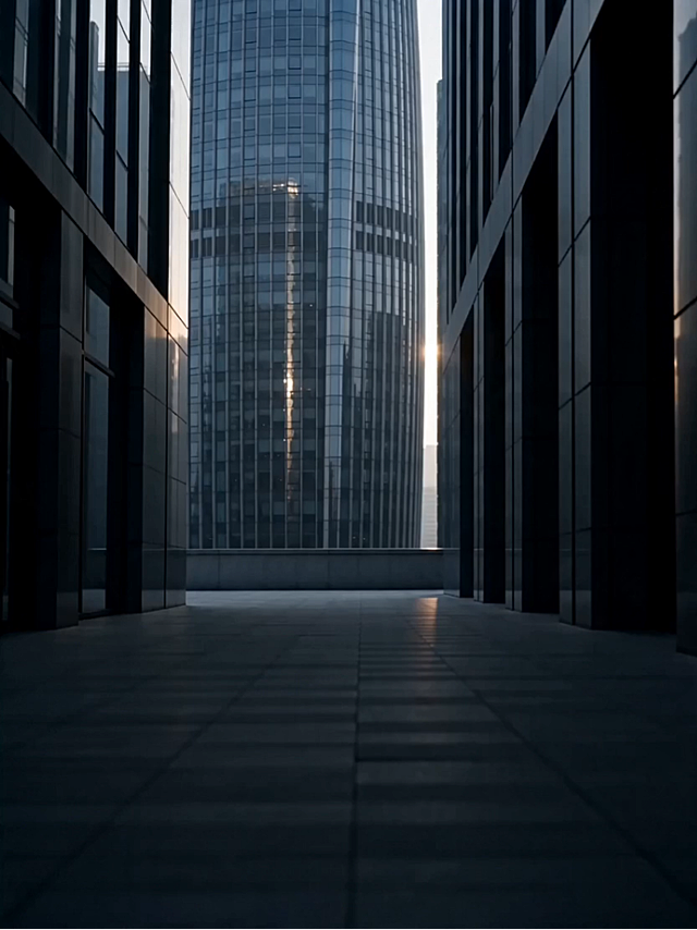 现代感与科技感交织的都市峡谷，3D风建筑群在暮色中反射冷光，金属质感与虚拟现实氛围融合，赛博朋克风悄然浮现。