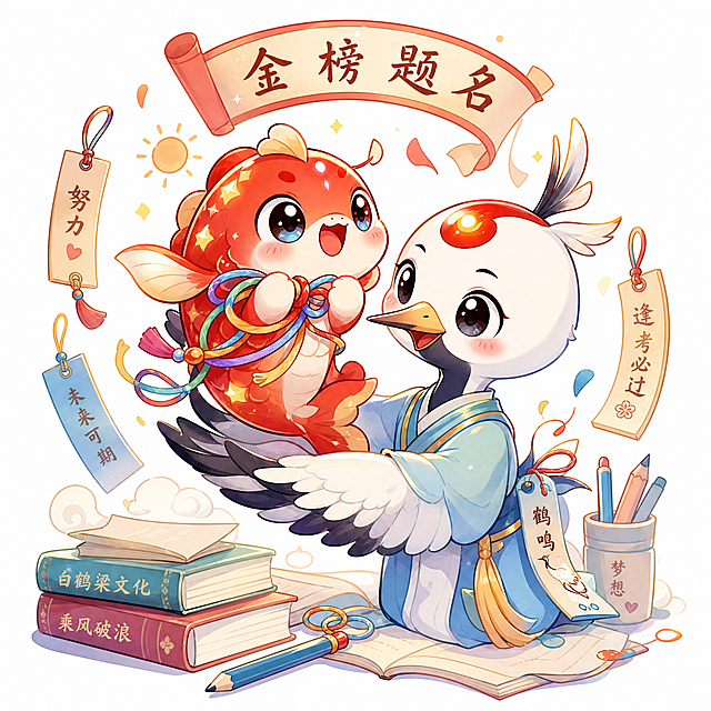 Q版校园治愈风，白鹤梁文化IP双角色学子守护吉祥物设计，Q版IP形象可爱红鲤跃跃和温柔白鹤鹤鸣，圆头圆眼短比例身体，软萌表情，校园陪伴考试祝福金榜题名好运守护主题，小红鲤圆滚滚，抱着彩色绣线，身体保持向上跃起动作，脸上有热血又可爱的表情，金色鱼鳞像小星星；白鹤像温柔学长或老师，翅膀轻轻托住跃跃，朱砂点发光，羽毛像书签，表情沉稳鼓励，融入暖色阳光、书本、铅笔、许愿签、彩色丝线元素，软糯线条，明亮清爽色彩，治愈系插画，适合钥匙扣、徽章、贴纸、表情包，角色互动动作青云托跃，营造努力学习被温柔守护的轻松治愈氛围，亲和力强，干净背景
