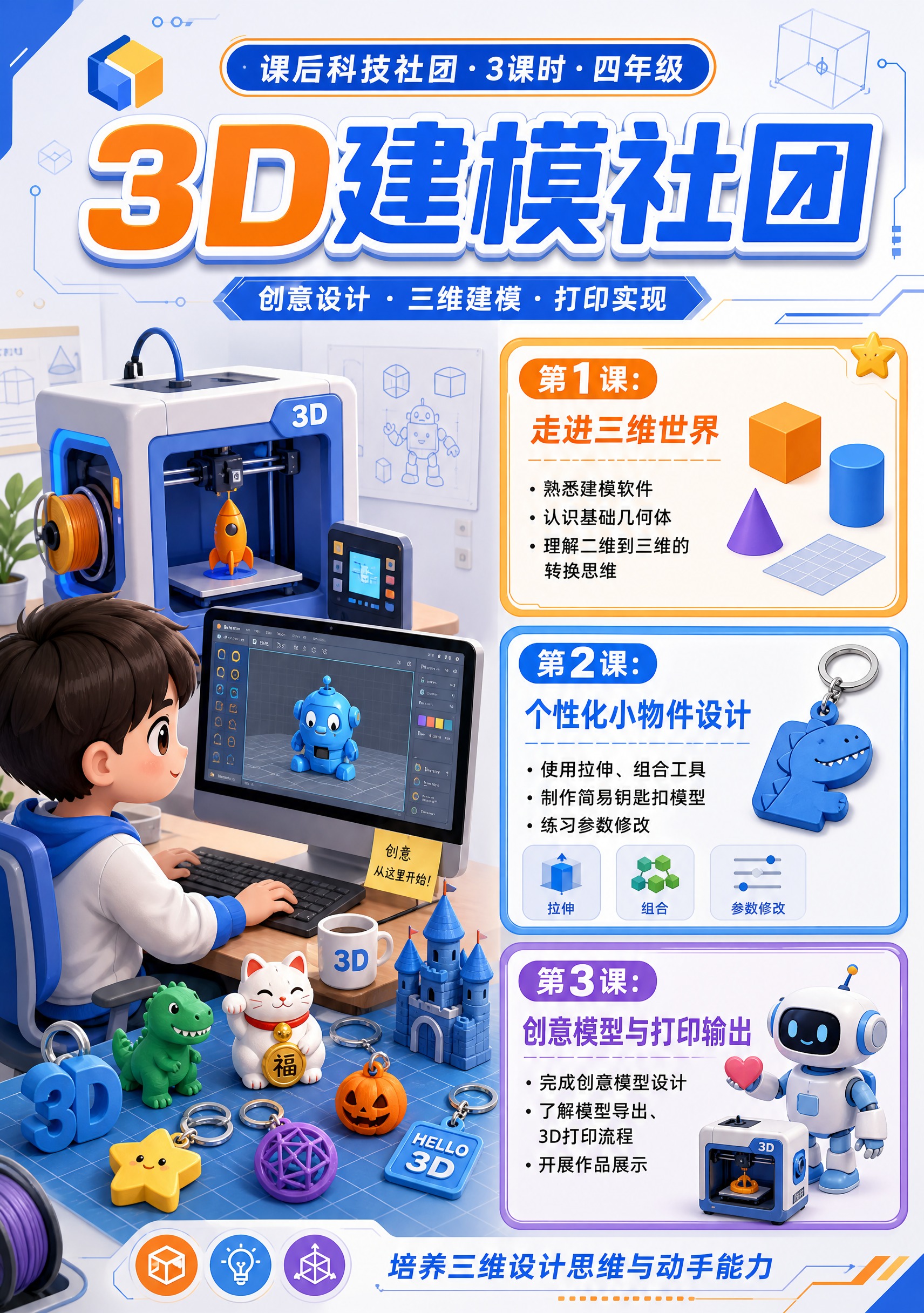 卡通科技风宣传手册内页，竖版A4比例。页面主题"3D建模社团"… - 图片创意预览