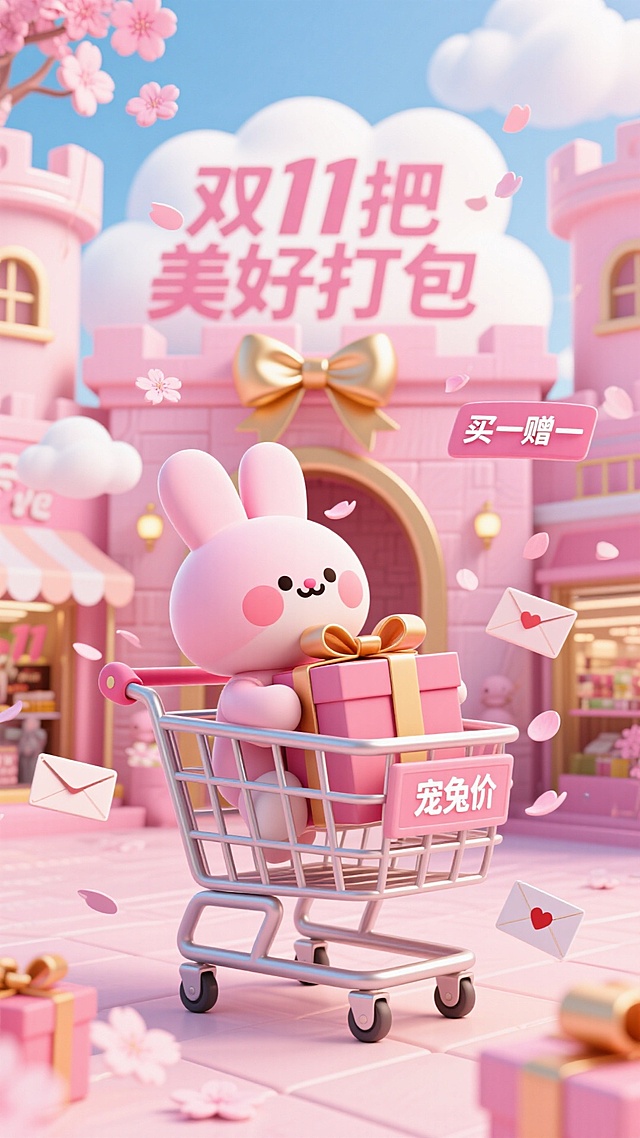 软3D风卡通兔推购物车，梦幻粉色城堡背景，拟人化设计搭配樱花飘落，营造甜蜜可爱氛围，双11节日促销主题。