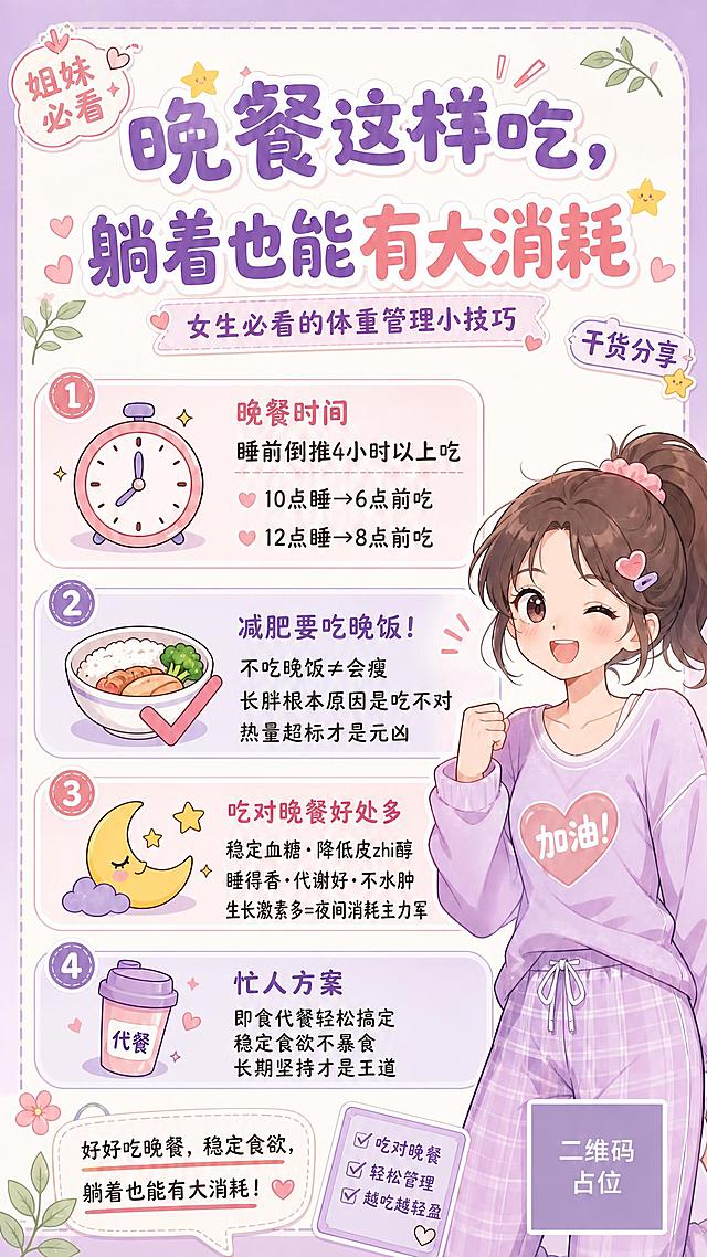 基于参考图的整体风格和布局进行修改，保持原有的动漫风格、粉紫色调、可爱女孩形象、装饰元素和排版结构不变，只修改文字内容和部分卡片信息。

修改内容如下：

1. 主标题修改：将"躺着也能瘦"改为"躺着也能有大消耗"，主标题变为"晚餐这样吃，躺着也能有大消耗"

2. 副标题保持不变："女生必看的体重管理小技巧"

3. 卡片内容重新调整为4个卡片，按以下新内容更新：

卡片①（保留时钟图标）：
标题："晚餐时间"
内容："睡前倒推4小时以上吃
♥ 10点睡→6点前吃
♥ 12点睡→8点前吃"

卡片②（换为餐盘/饭碗图标，打勾样式）：
标题："减肥要吃晚饭！"
内容："不吃晚饭≠会瘦
长胖根本原因是吃不对
热量超标才是元凶"

卡片③（保留月亮星星图标）：
标题："吃对晚餐好处多"
内容："稳定血糖·降低皮zhi醇
睡得香·代谢好·不水肿
生长激素多=夜间消耗主力军"

卡片④（保留代餐杯图标）：
标题："忙人方案"
内容："即食代餐轻松搞定
稳定食欲不暴食
长期坚持才是王道"

4. 底部标语修改：
将"好好吃晚餐，睡个好觉，轻松享瘦每一天！"改为"好好吃晚餐，稳定食欲，躺着也能有大消耗！"

5. 右下角小卡片内容修改：
将"小改变 大不同 坚持就会瘦"改为"吃对晚餐 轻松管理 越吃越轻盈"

6. 所有"皮质醇"字样统一改为"皮zhi醇"

整体风格、配色、人物形象、装饰元素（星星、爱心、叶子、贴纸标签等）、二维码占位都保持与原图一致。画面中所有信息区域必须填充完整合理的内容，不得出现空白框。