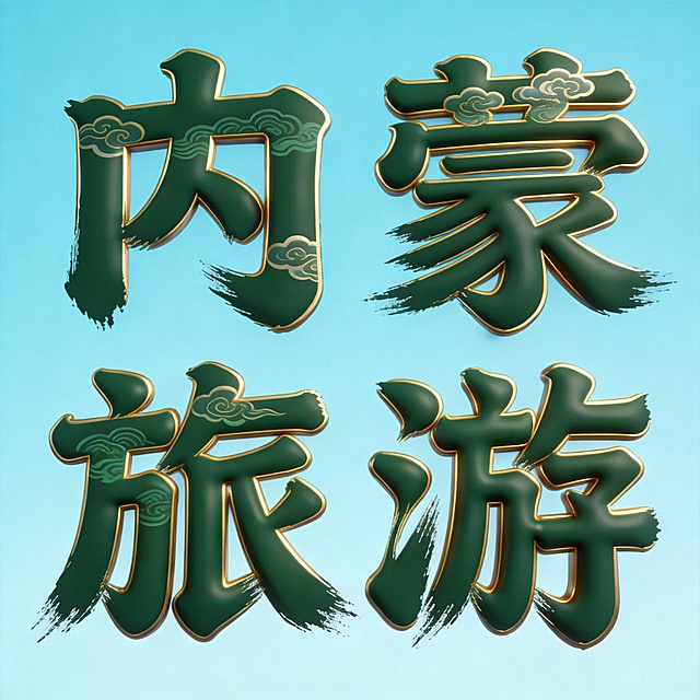 干净的浅蓝色背景。
3D艺术字体设计，4个主体文字"内蒙旅游"，所有文字单行横向排列，草原风国潮风格，豪放书法笔触，笔画粗犷厚重，边角自然晕染开散。主体文字采用深绿色填充，烫金描边，融入草原云纹肌理。
仅包含4个字："内"、"蒙"、"旅"、"游"，不得增加、遗漏或替换任何一个字。
文字整体必须完整呈现在画面内不可被裁切，四周留有安全边距。比例1:1。