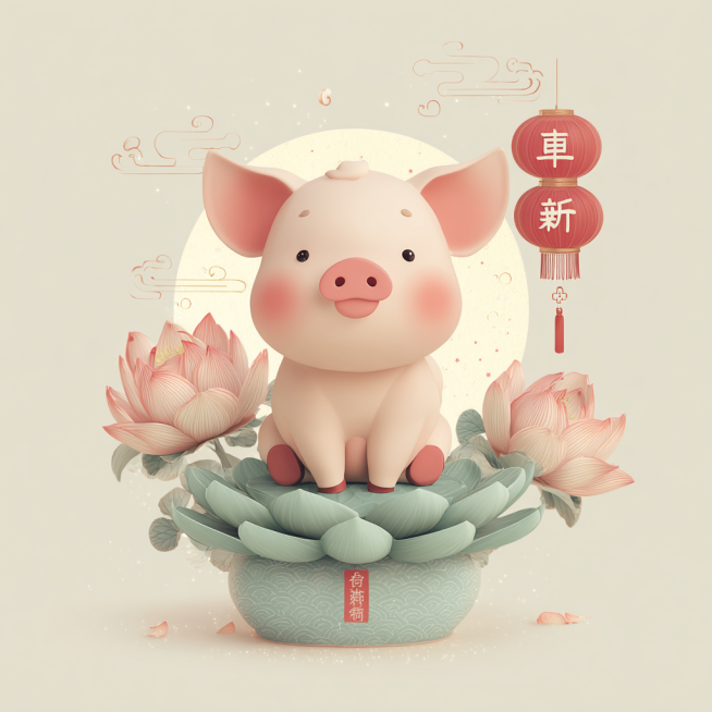                             可爱的Q版风格中国新年头像，圆头胖嘟嘟的马，耳朵下垂，蹄子圆润，蹲在迷你莲花台上，像小伞托着马，莲花台下有柔和的光镜反射（马与莲对称倒影，比主体预览效果