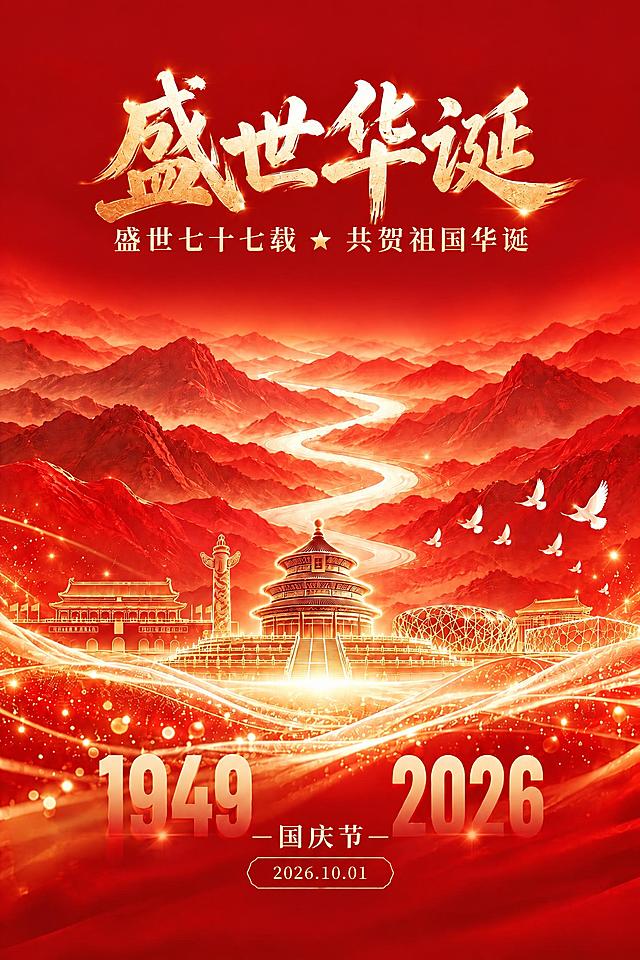 基于参考图进行修改：1. 去掉"盛世华诞"下方的英文"NATIONAL DAY"；2. 将"盛世七十七载 共贺祖国华诞"这句话向上移动，紧贴"盛世华诞"标题下方，保持金色字体和居中排版，中间的五角星保留；3. 整体红金国庆风格不变，画面布局协调自然