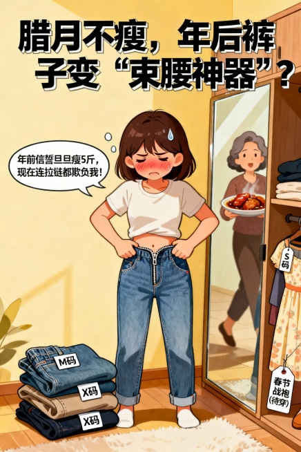 女生站在衣柜前，拼命拉牛仔裤拉链，脸憋得通红，拉链卡在腰间，旁边堆着3条“穿不上”的裤子，镜子里映出妈妈端着红烧肉路过。

视觉细节：
裤子标签从“M码”到“XL码”依次排列，最上面的XL码也拉不上预览效果