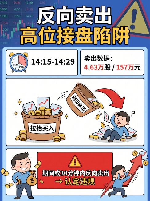 金融科普图文，大标题“反向卖出 高位接盘陷阱”，分四个区域展示：分区1：时钟图标 + “14:15-14:29”，分区2：文字“卖出数据：4.63万股 / 157万元”，分区3：手绘示意图：左边拉抬买预览效果