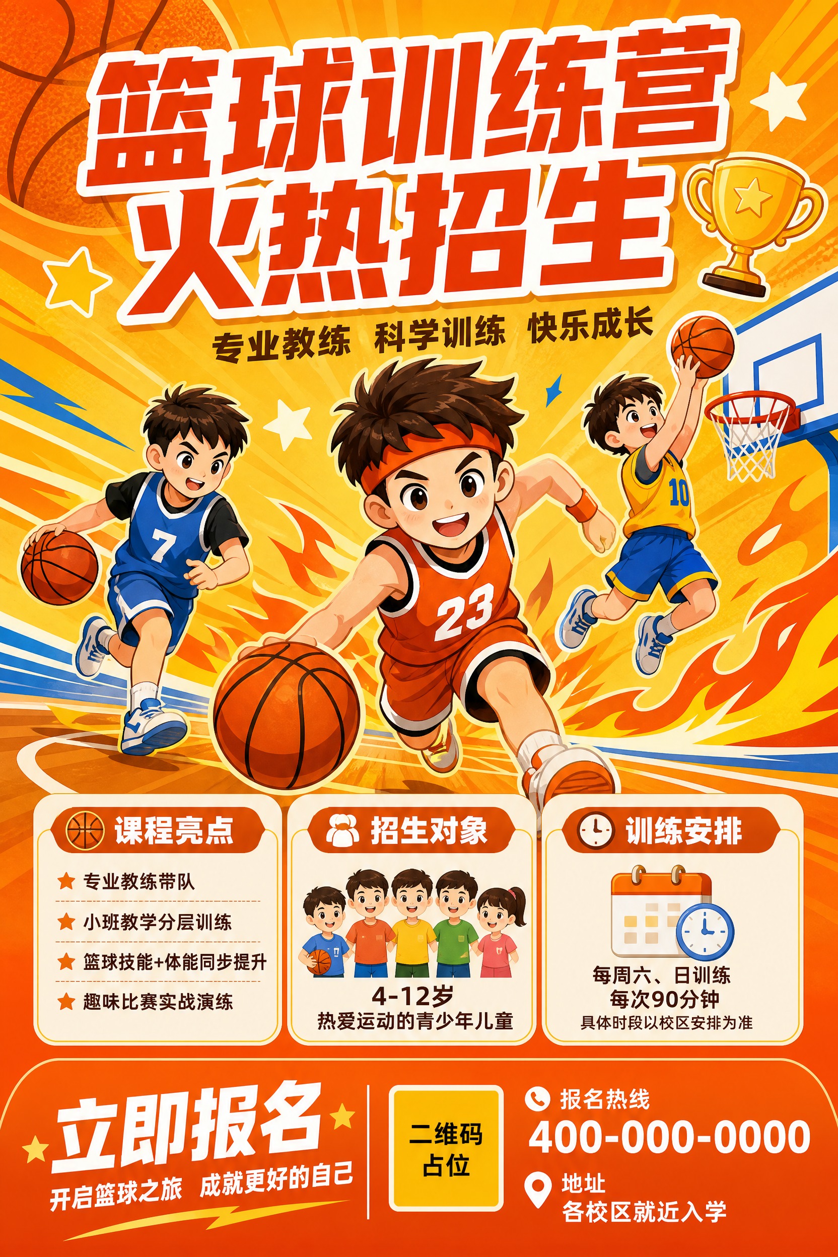 一张竖版体育培训宣传海报，A4尺寸比例2:3，篮球主题，橙黄色… - 图片创意预览