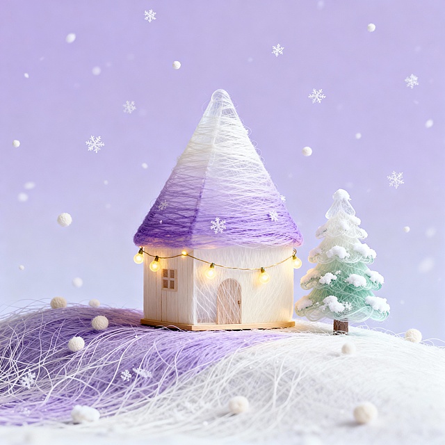 一片积雪坡地，立着尖顶小木屋（挂暖黄灯串），旁有矮松缀雪，周围飘着细雪，背景换浅紫渐变，配色浅紫 + 奶白，柔暖显冬日温馨。