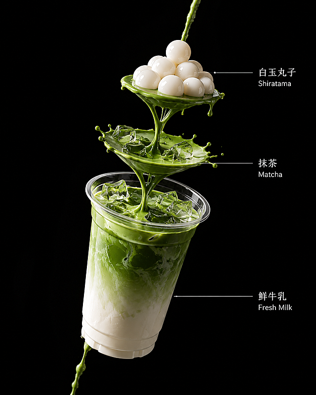根据参考图中的抹茶奶茶，生成科技可视化爆炸分解示意图，整体倾斜45度悬空，以奶茶杯垂直中心轴分层悬空排列，所有奶茶食材沿杯子中心纵向垂直展开，悬浮位置与杯内原生摆放精准对齐，从上至下悬浮食材依次：白玉丸子，抹茶，鲜牛乳；抹茶与鲜牛乳呈拉丝流体效果，抹茶液体连接每一层食材。纯黑色极简背景，专业美食棚拍布光，单侧柔和逆光，色彩浓郁鲜亮但不过度饱和，抹茶与鲜牛乳层次通透，冷暖对比高级干净。每一层悬浮食材侧边搭配纤细白色引线+工整清晰中英文标注文字（如”白玉丸子“”抹茶“”鲜牛乳“”Matcha