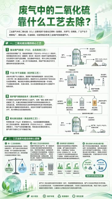 生成一张严肃简洁的环保科普海报，主色调浅绿，色系清透高科技，画面干净整洁专业。海报核心文案层级清晰排版如下：大标题："废气中的二氧化硫靠什么工艺去除？"正文内容：
工业废气中的二氧化硫（SO₂）主要来预览效果