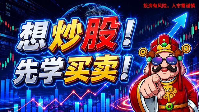 参考图的金融国潮卡通财神风格，深蓝色科技感金融背景，包含K线图、实盘数据、上升箭头、发光柱状图、粒子地球等金融元素，画面右下角有戴墨镜的卡通财神形象手指向前。主标题为两行大字，第一行“想炒股！”，第二行“先学买卖！”，标题字体为厚重立体字带蓝色霓虹发光描边，重点关键字配色多样且合理，视觉冲击力强。右上角有红色风险提示文字：“投资有风险，入市需谨慎”。除指定标题和风险提示外，不添加其他文案内容。整体风格为金融理财公众号封面，炫酷霓虹光效，16:9横版构图。
