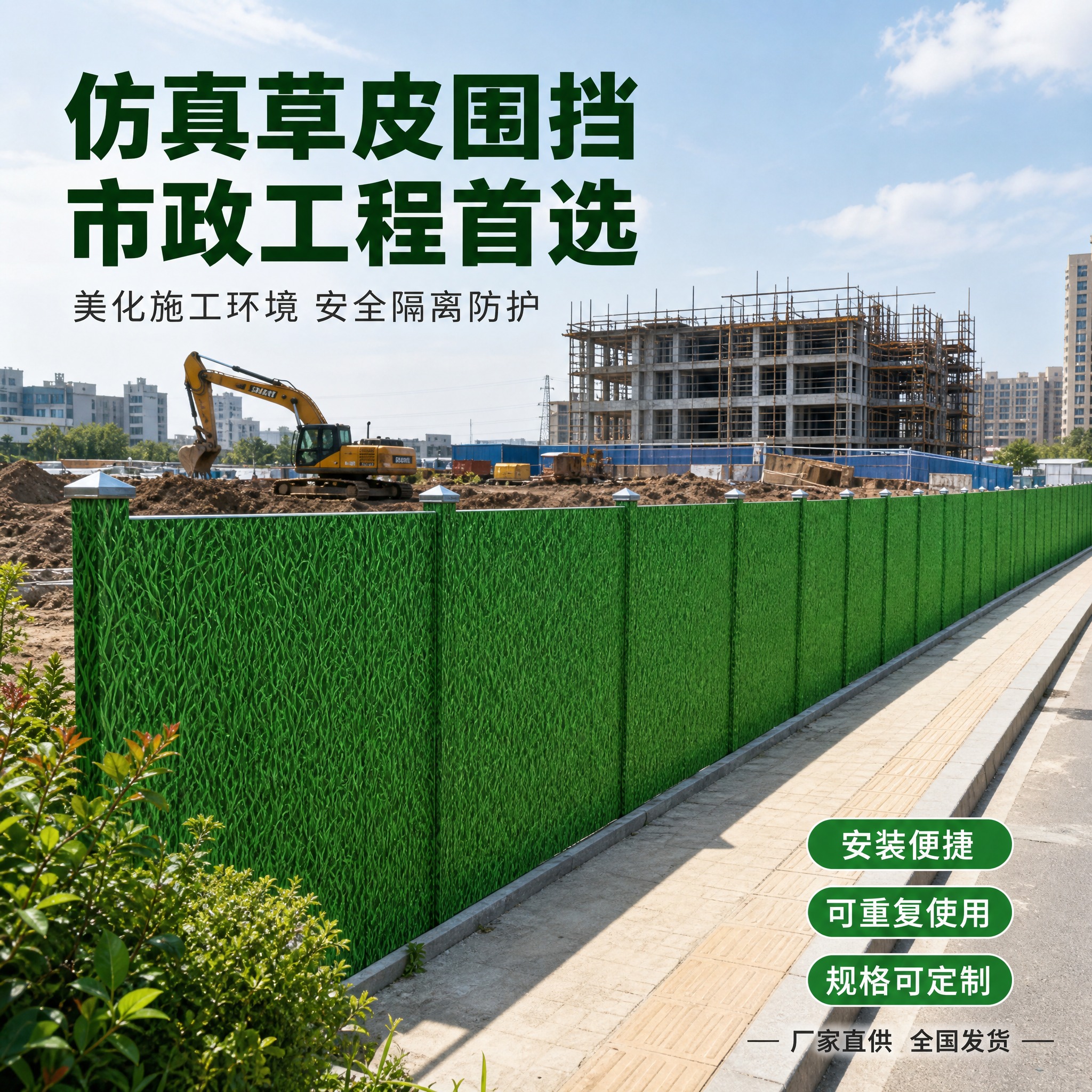 [主图-2] 市政工程场景首图，展示绿色草皮纹围挡在真实工地现… - 图片创意预览