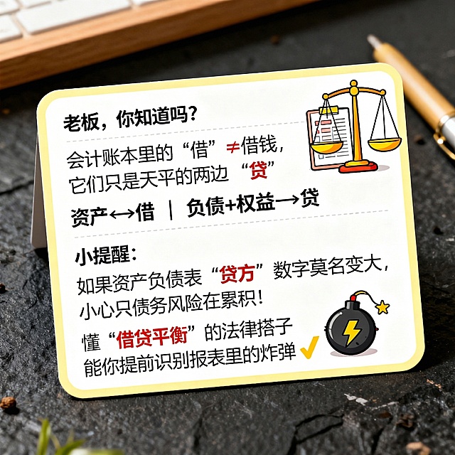 完全参考上一张生成的卡通普法知识卡片的风格，重新生成当前内容的卡片，保持相同的卡通风格、配色和排版结构，文字内容为："老板，你知道吗？ 会计账本里的"借"≠借钱，"贷"不等于欠钱 它们只是天平的两边 资产←借 | 负债+权益→贷 小提醒： 如果资产负债表"贷方"数字莫名变大， 小心债务风险在累积！ 懂"借贷平衡"的法律搭子 能帮你提前识别报表里的炸弹 💣"，排版清晰自然